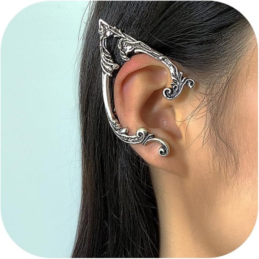 Elf Ear Cuffs for Women Silver Elf Costume Fairy Earrings Cuff Wrap Clip on Goth